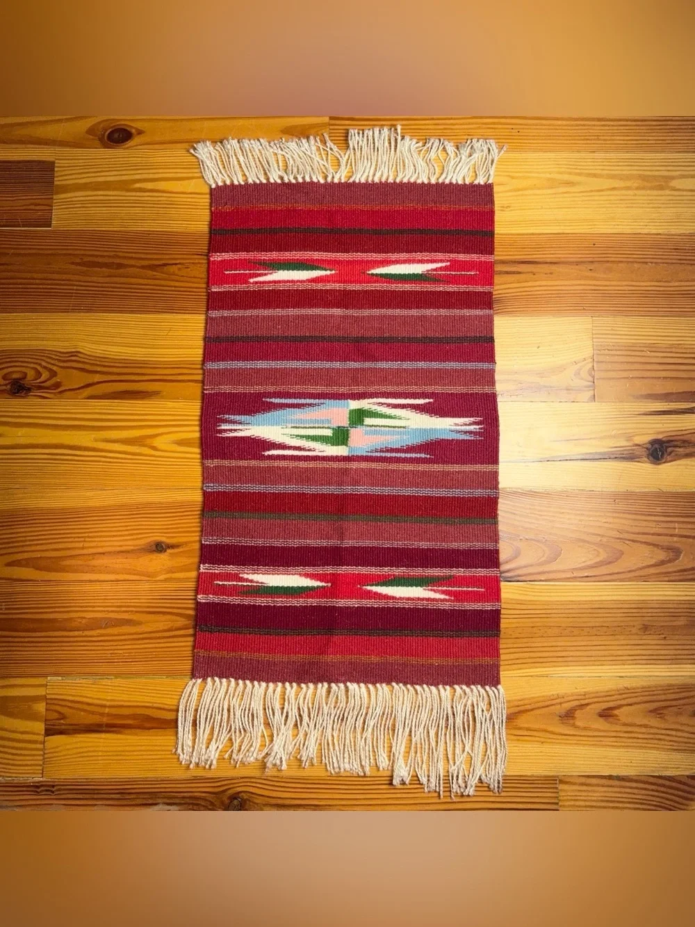 Vintage Southwest Wool Hand Woven Rug Table Runner Red Blue